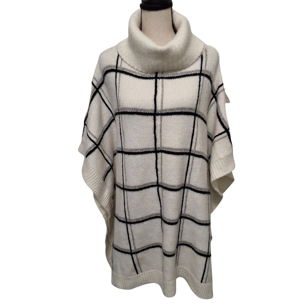 Lands End Womens Ivory Plaid Alpaca Wool Blend Turtleneck Poncho Sweater S-M